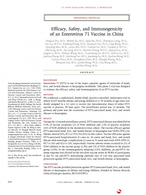 Efficacy, Safety, and Immunogenicity of an Enterovirus 71 Vaccine in China